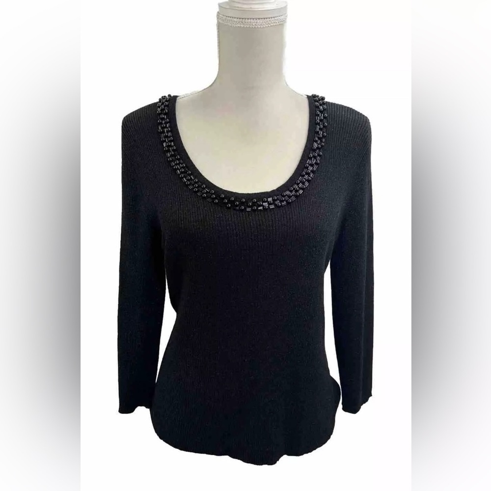 August Silk Black Silk Blend Jewelry Sweater Women’s Large Metallic Ribbed Knit